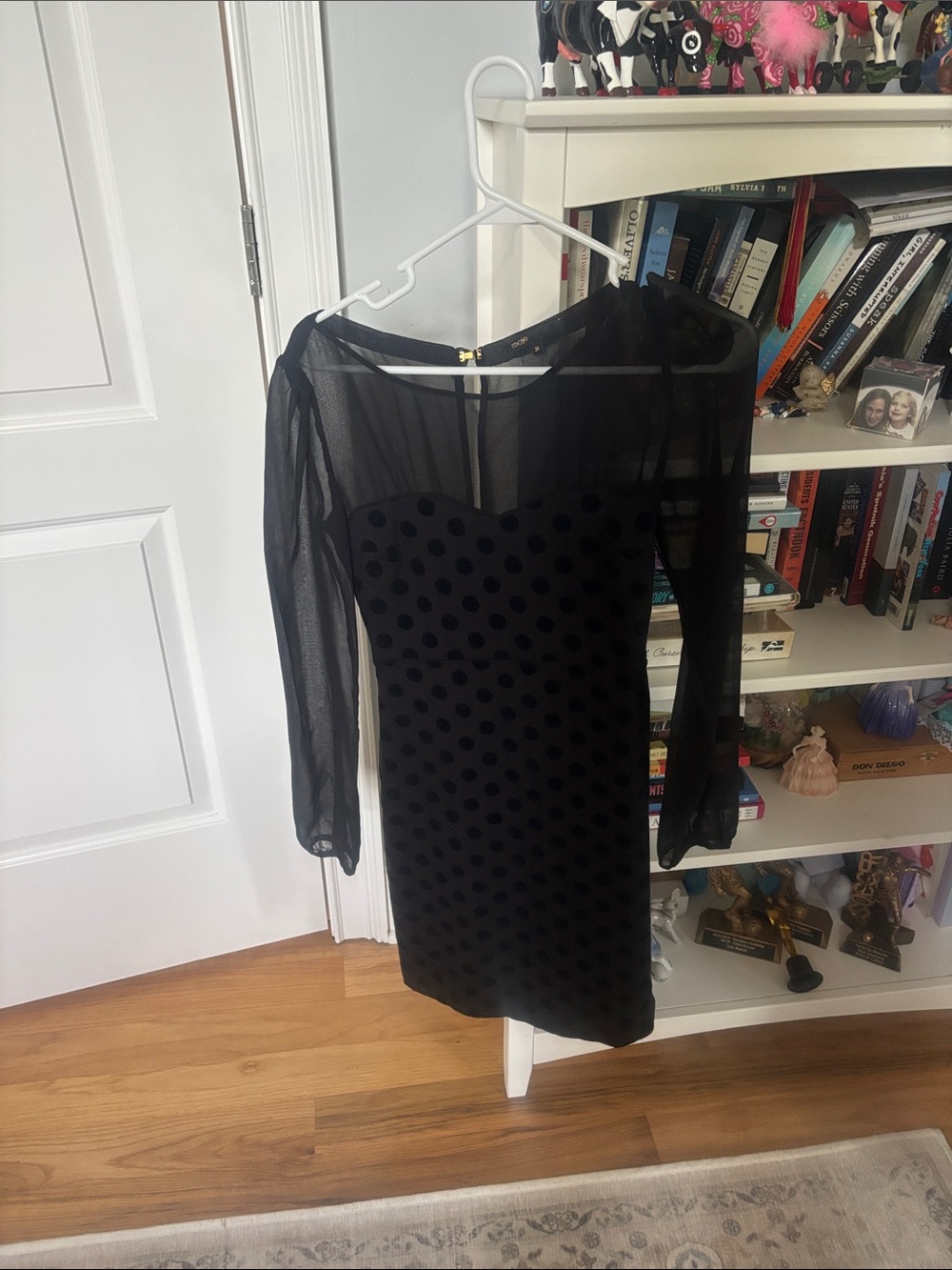 Maje Black Polka Dot Sheer-Overlay Long Sleeve Dress